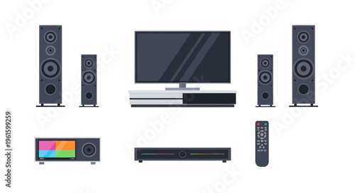 Home theater system with flat screen tv, speakers, receiver, and remote control on white background