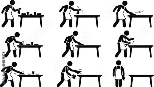 Schritt-für-Schritt-Anleitung zur Tischreinigung mit einer Person, die verschiedene Reinigungsschritte durchführt.