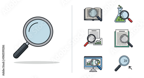 Magnifying glass icons: search, research, analysis, discovery, data inspection, science, investigation