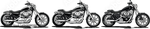 Black and white cruiser motorcycle silhouettes set, classic custom bikes vector collection, detailed motorbike illustrations for automotive transport and design projects