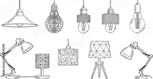 Black and white lamp and light bulb silhouettes collection, modern and vintage lighting fixtures vector set for interior design illustration