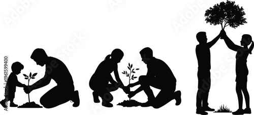 Tree planting silhouette illustration, child and adults nurturing saplings and supporting grown tree together, environmental stewardship theme, vector art, black isolated bold design