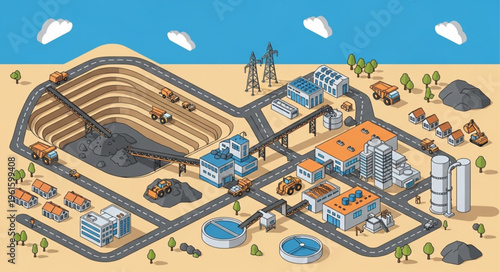Isometric Mining Town Illustration with Open-Pit Mine and Industrial Buildings.