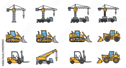 Construction Heavy Machinery Icons: Cranes, Bulldozers, Loaders, Forklifts