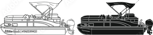 Pontoon boat outline and silhouette vector set with detailed side view, modern leisure watercraft illustration for marine, recreation, and transport design