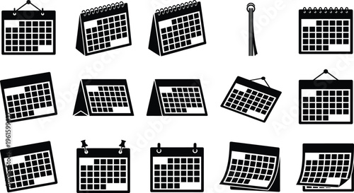 Vielfältige Schwarz-Weiß-Kalender-Icons, die verschiedene Darstellungen von Zeitplanung und Organisation zeigen.