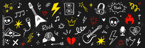 Hand drawn doodle music icons with rock elements, lightning bolts and graffiti style tattoo stickers for creative band designs on chalkboard. Marker sketch music icons. Vector illustration