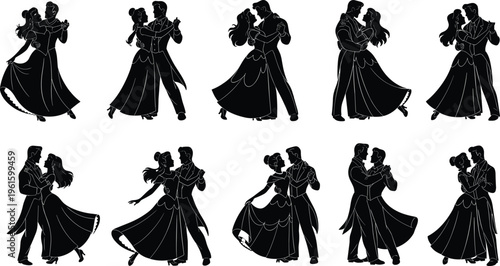Elegant ballroom dancing couples silhouettes set with romantic poses, classic waltz movement illustration for wedding, love, performance, and vintage design themes