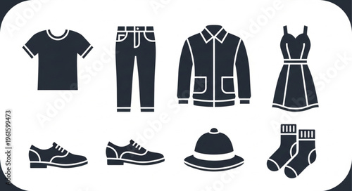 Collection of Clothing Items - T-shirt, Jeans, Jacket, Dress, Shoes, Hat, and Socks.