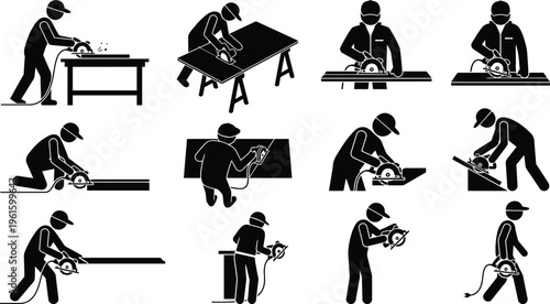 Mann benutzt Kreissäge zum Schneiden von Holz in verschiedenen Arbeitspositionen und Szenarien.