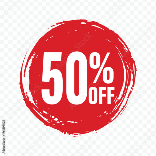 Bold red fifty percent off circular brush stroke sticker for half price sales and promotions