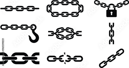 Verschiedene schwarze Kettensymbole und -darstellungen auf weißem Hintergrund, einschließlich einer Kette mit Vorhängeschloss, einem Haken und einer gebrochenen Kette.