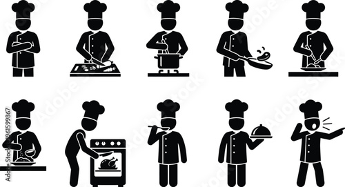 Eine Reihe von Piktogrammen, die Köche bei verschiedenen Küchenaktivitäten und Kochvorgängen darstellen, von der Zubereitung bis zum Servieren.
