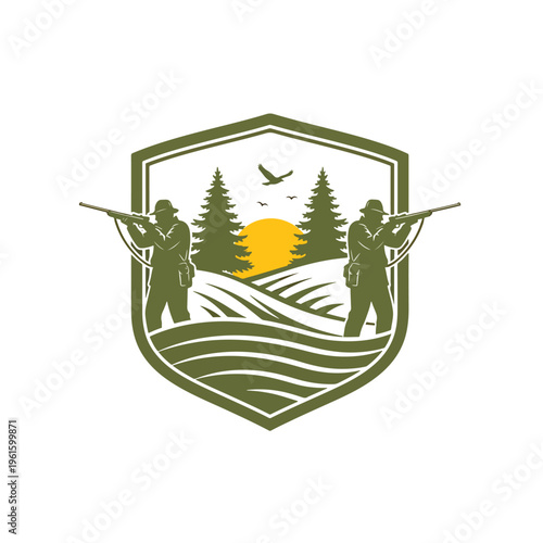 Vintage outdoor hunting emblem with two hunters aiming rifles in a natural landscape at sunset