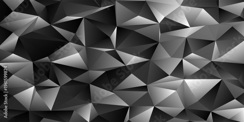 Monochrome Low Poly Geometric Background With Abstract 3D Triangular Facets And Gradient Shadows