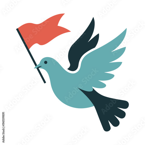 Peaceful dove flying with red flag symbolizing hope and freedom