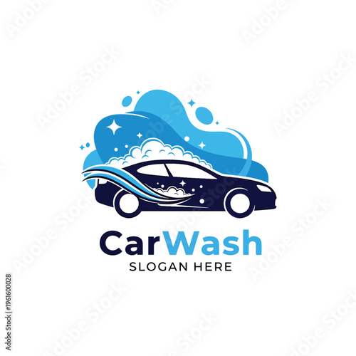 Modern Car Washing Service Logo Vector Illustration with Dynamic Blue Splashes