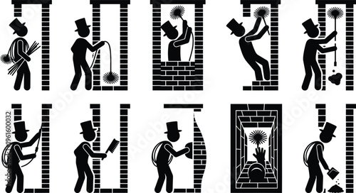 Sequência de pictogramas que ilustram um limpador de chaminés realizando seu trabalho, desde a preparação até a limpeza e remoção de fuligem.