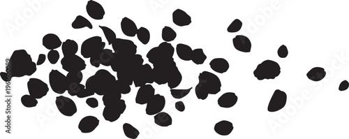 Black rocks or pebbles on a white background scattered