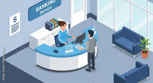 Bank Teller Assisting Customer at Counter in Modern Bank.