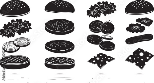 Black and white pizza ingredients and toppings illustration set