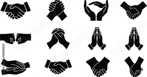 Detaillierte Darstellung verschiedener Handgesten wie Handschlag, Gebet und Fauststoß, die Zusammenarbeit, Vertrauen und Respekt symbolisieren.
