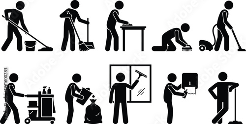 Ícones de figuras de palito representando várias tarefas de limpeza doméstica e profissional, incluindo varrer, esfregar, aspirar, limpar janelas e manusear lixo.