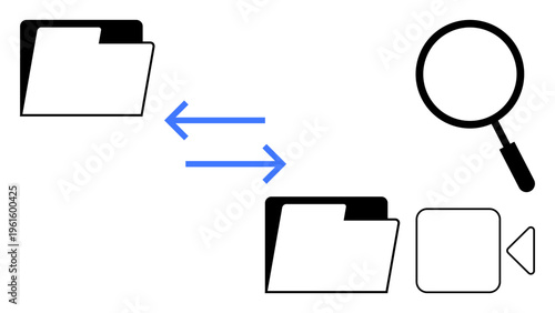 File transfer concept. File folder icons with blue arrows data sharing and management. Magnifying glass highlights search functionality. Ideal for technology, cloud storage, file sharing
