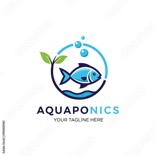 Conceptual Aquaponics System Logo Illustration with Fish, Plant, and Water Bubbles Representing Sustainable Farming Graphic
