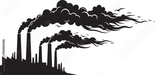 Industrial Pollution with Smoke Emitting from Factory Chimneys Silhouette