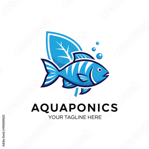Aquaponics System Logo Illustration with Fish and Leaf Concept for Sustainable Farming
