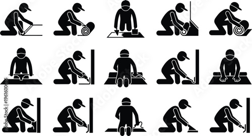 Piktogramme zeigen den Prozess der Bodenverlegung, von der Vorbereitung bis zur Fertigstellung.