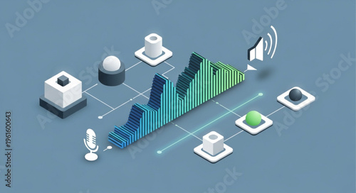 Isometric Audio Processing Visualization with Sound Waves and Digital Elements.