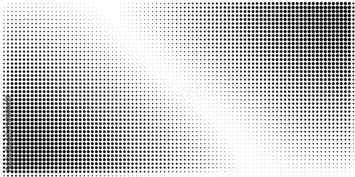 Black and white halftone vector. Diagonal dotted gradient. Contrast dotwork surface. Vintage overlay textured with ink dots. Monochrome halftone background. Perforated texture for retro graphic