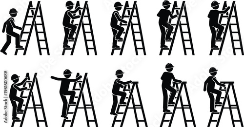 Ilustrações de figuras de palito subindo e descendo escadas, representando trabalho, progresso e segurança.