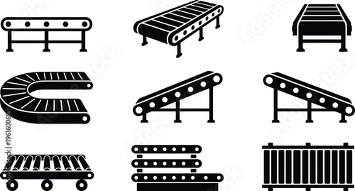 Verschiedene Arten von Förderbändern in Schwarz-Weiß-Symbolen, die industrielle Transportlösungen darstellen.