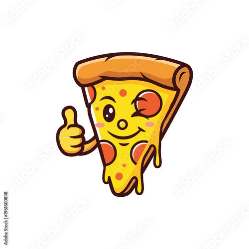 Happy cartoon pizza slice winking and giving a positive thumbs-up gesture, a fun vector illustration.