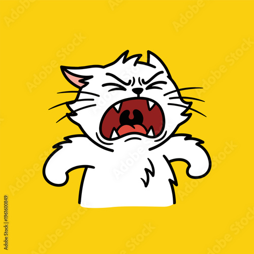 Cute Furious Screaming White Cat Cartoon Emotion Illustration