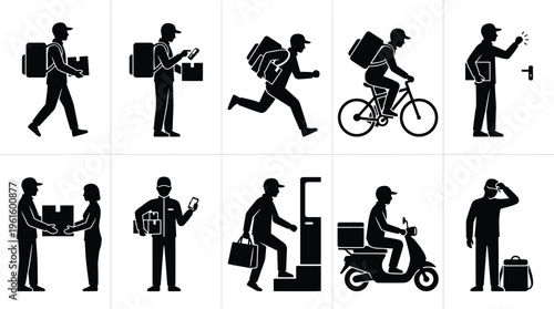 Silhouetten von Lieferboten bei verschiedenen Tätigkeiten und Transportmitteln, die Pakete zustellen.