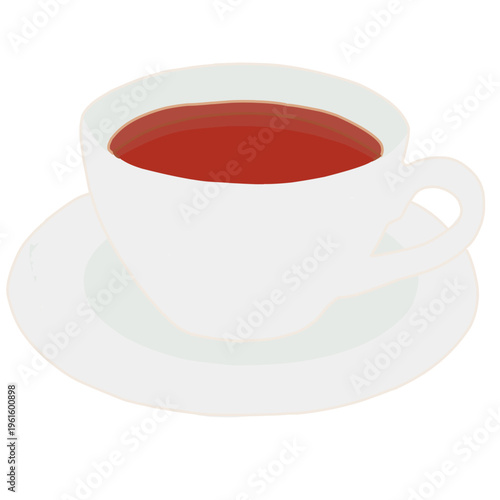 Minimalist vector illustration of a white ceramic cup and saucer filled with hot black or red tea, isolated on a white background.