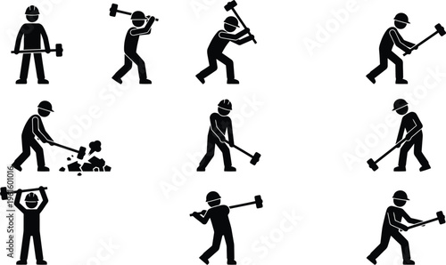 Piktogramme eines Arbeiters mit Vorschlaghammer bei verschiedenen Tätigkeiten.