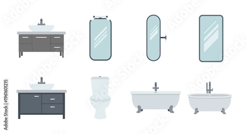 Modern Bathroom Fixtures Set: Vanity, Toilet, Bathtub, Mirror Icons