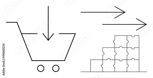 Logistics concept. Shopping cart with an arrow and puzzle blocks logistics and business solutions. Logistics driving efficient delivery and inventory management. For supply chain, e-commerce, retail