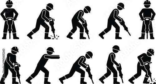 Piktogramme von Bauarbeitern mit Presslufthämmern, die verschiedene Phasen der Bauarbeit und des Abbruchs darstellen.