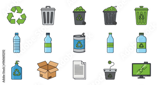 Recycling Icons: Trash Cans, Plastic Bottles, Tin Can, Box, Paper, Monitor, Plant