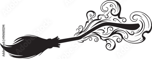 Ornate Broom with Floral Swirls in Black and White