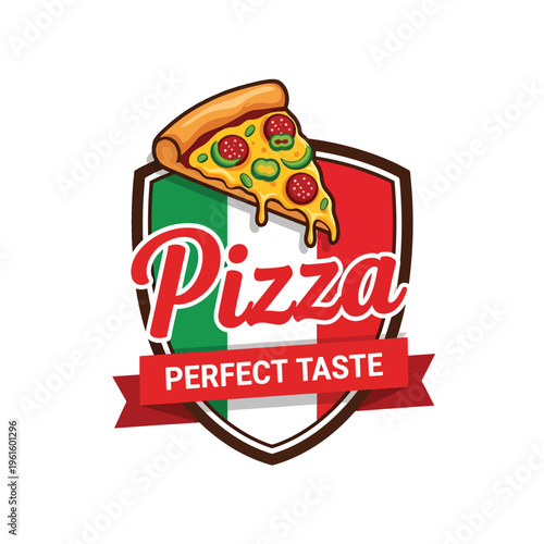 Vibrant Italian Pizza Slice Emblem with 'Perfect Taste' Banner for Restaurant Logo Design