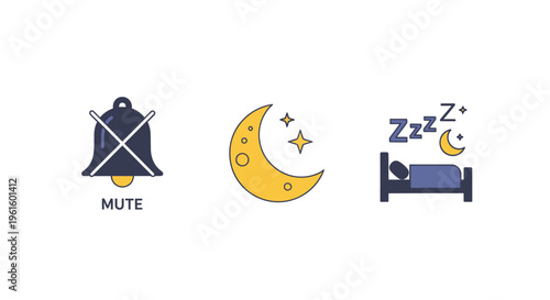 Mute Bell, Crescent Moon with Stars, and Sleeping Person Icon Set