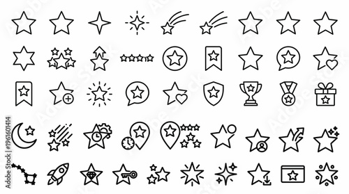 Modern outline star icon set featuring diverse designs for ratings, favorites, achievements, and UI elements, perfect for apps and web interfaces