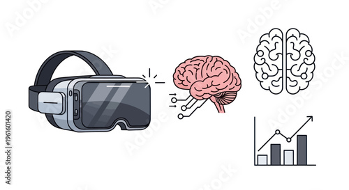 Virtual Reality Headset with Brain and Growth Chart Icons - Future Tech Concept